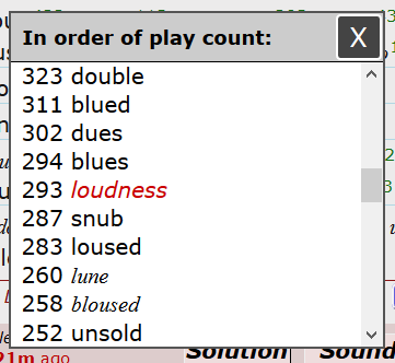 List of words in order of plays